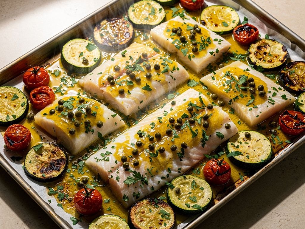 Sheet Pan Fish and Vegetables with Lemon Caper Sauce